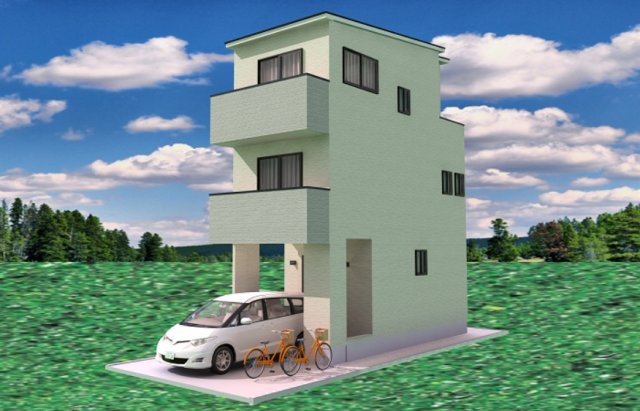 ☆外観パース：実際とは、質感、等、多少異なります。　☆大型車１台、駐車可能！　☆建物裏側公園に付き、全室、採光、通風、良好！　☆住宅性能評価、耐震等級３（最上レベル）　☆２０２５年４月末：完成予定　